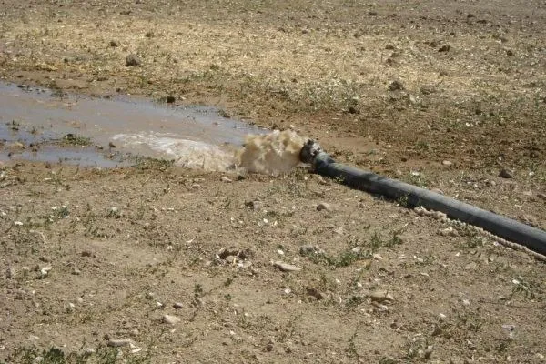 Tubería del sondeo vertiendo agua en una finca de regadío